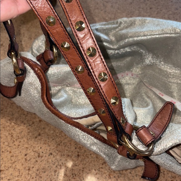 J.Crew Metallic Beacon Tote Bag Silver Brown Leather Studded Handle Large Size - Picture 7 of 14